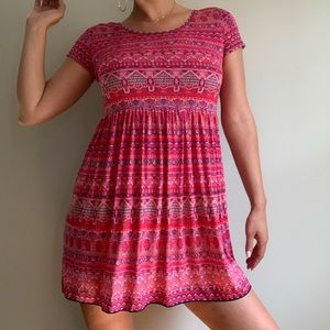 Red tribal print striped babydoll dress